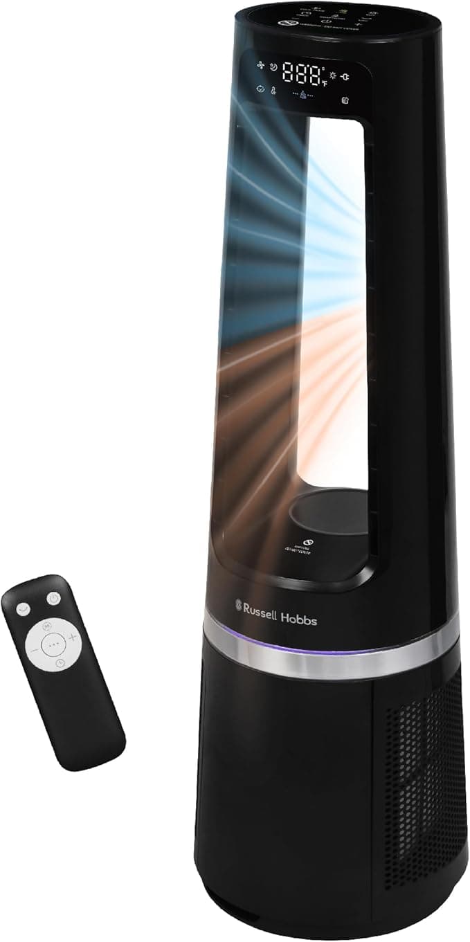Russell Hobbs Quiet Bladeless Tower Fan & Heater with 12 Speed Settings, Air Purifying, LED Display & Remote Control, 12-Hour Timer and Oscillating Feature in Black, RHBLDL25B