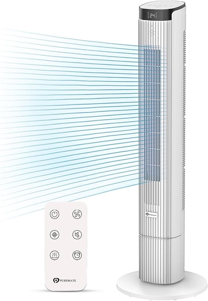 PureMate 43-Inch Tower Fan with Remote Control, Oscillating Bladeless Cooling Fan, 4 Speeds & 4 Wind Modes, 12 Hour Timer, LED Display, Portable Quiet fan for Bedroom Office and Home - White