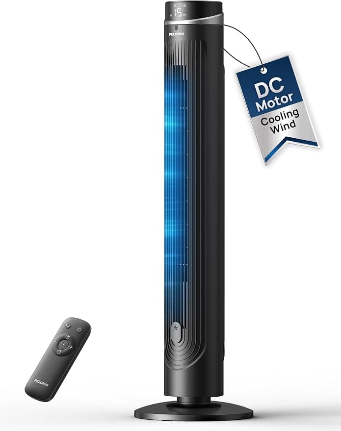 PELONIS 42-Inch Tower Fan, Quiet Bladeless Cooling Fan with Remote, DC Motor with 12 Speeds and 24-Hour Timer, Oscillating Electric Fan with LED Display, Floor for Bedroom Home