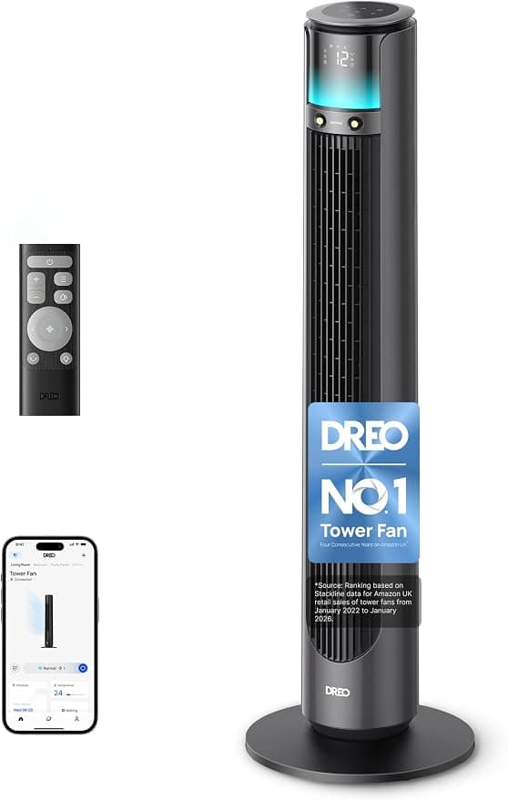 DREO Smart 10m/s Outdoor Tower Fan, 20dB Quiet DC Motor for Bedroom, 12 Speeds 4 Modes Standing Fan, 150° Customizable Oscillating, Weather Resistant, Misting Fan 711AS