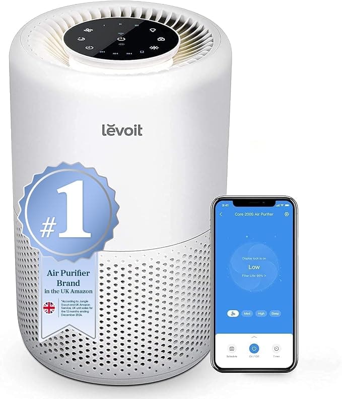 Levoit Smart HEPA Air Purifier for Allergies & Pets, 64m² Bedroom Home Coverage, Alexa & App, Ultra-Quiet Sleep Mode, Timer, Night Light, Removes 99.97% Pollen Dust Odour Smoke, Core 200S