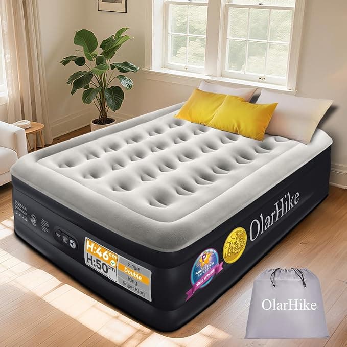 OlarHike Inflatable Mattress, Air Bed, Double Airbed with Built in Pump, 135 x 190 x 46cm, Ideal Sleep Solution for Guests, Blow Up Mattress, Folding Bed with Flocked Surface for Camping and Home